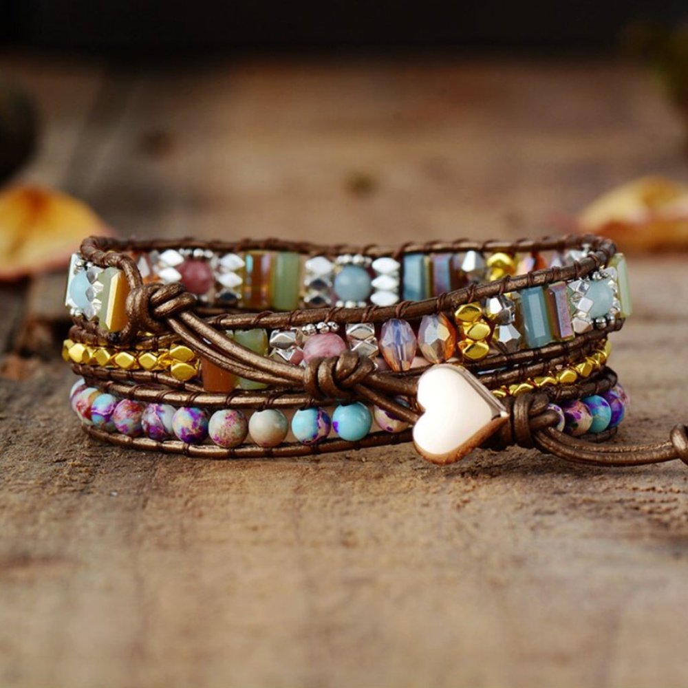 Boho Rhodochrosite Natural Stone Leather Bracelet - Picture 5 of 5